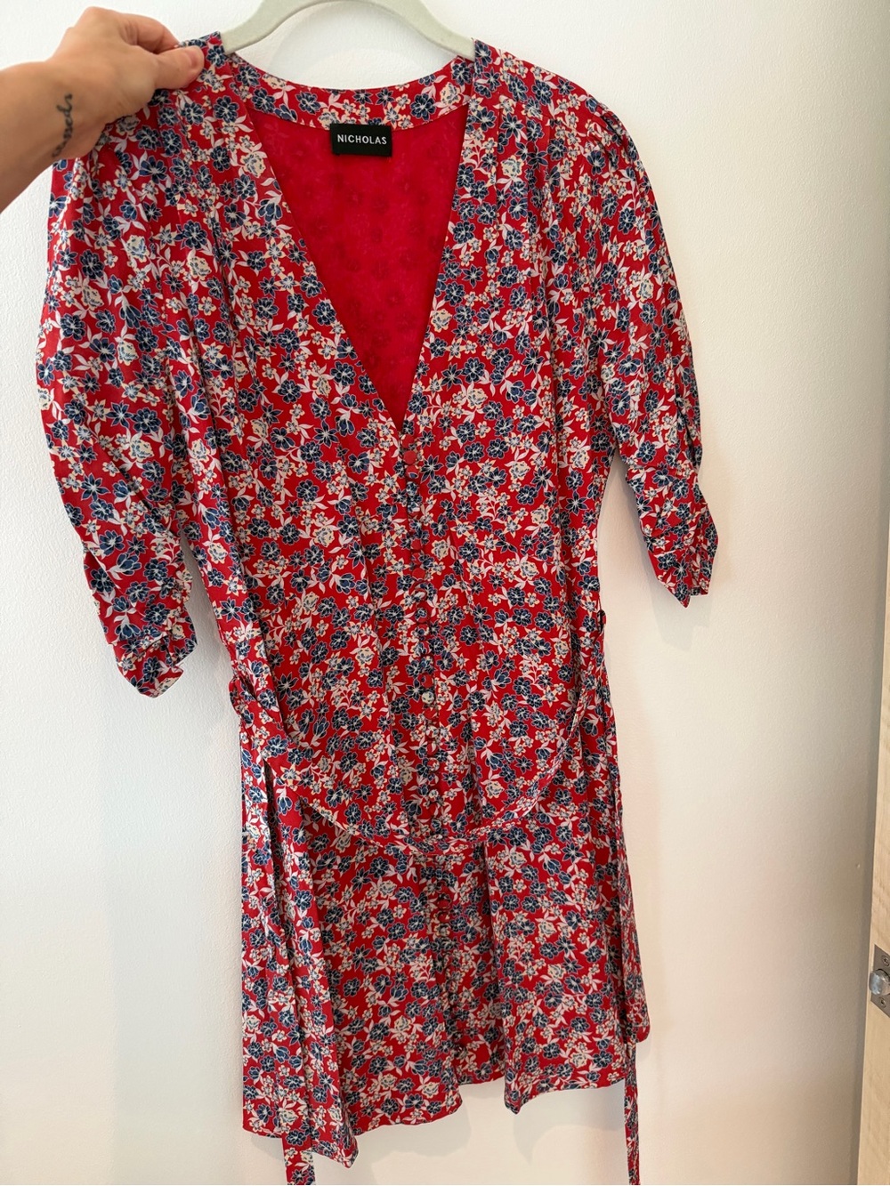 NICHOLAS Red Floral Wrap Dress with Puff Sleeves